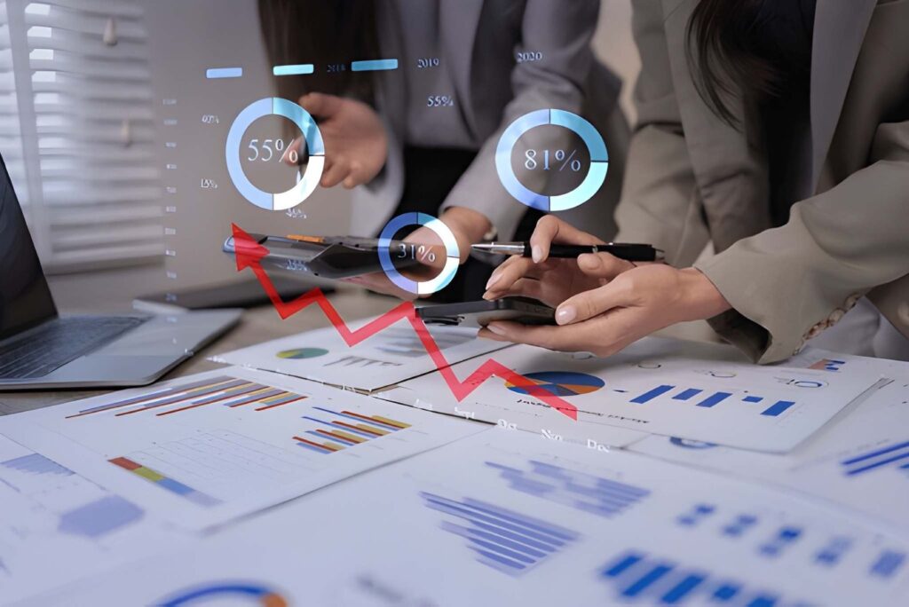 business team analyzing financial data marketing